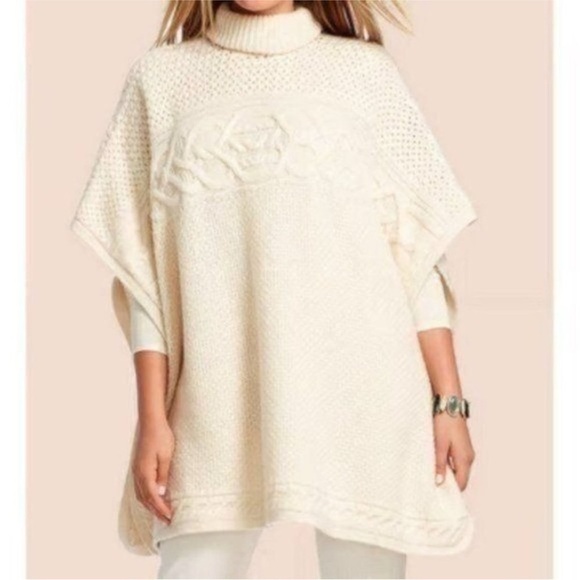 RALPH LAUREN CREAM WOOL ALPACA BLEND CABLE KNIT SWEATER PONCHO SIZE S/M